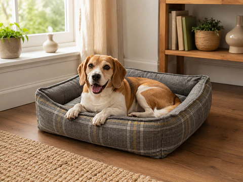 Cama Escocesa Gris con Cojín para Perro