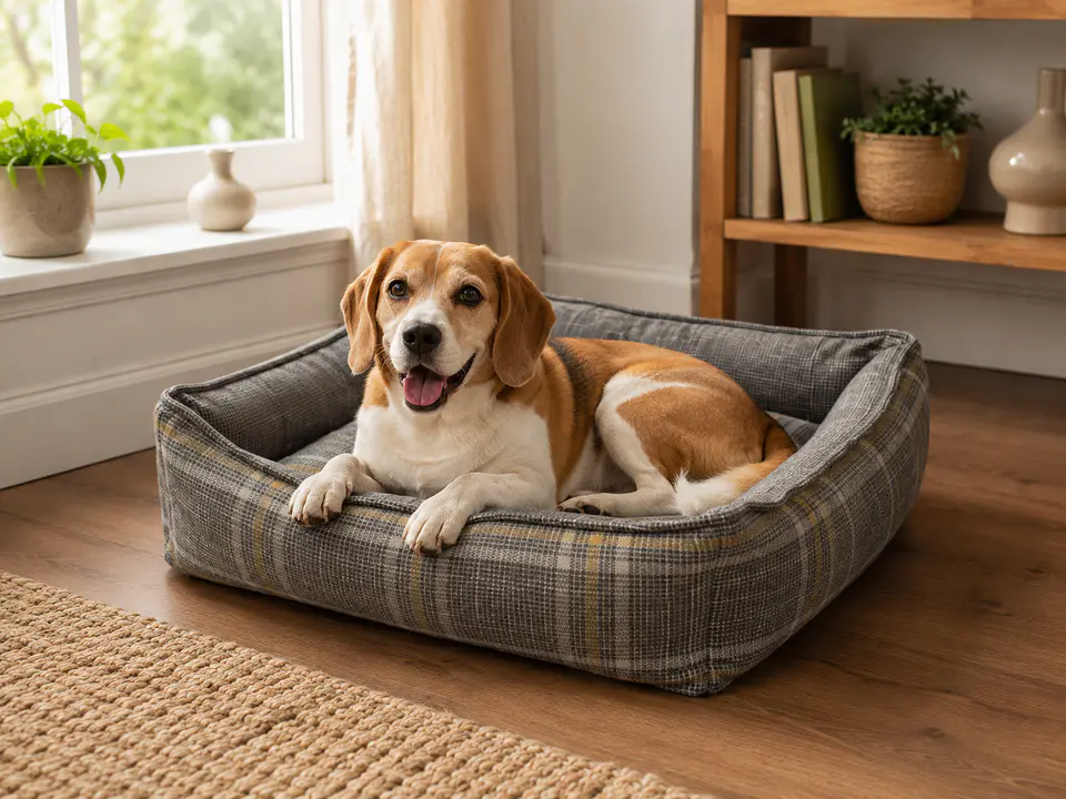 Cama Escocesa Gris con Cojín para Perro 2