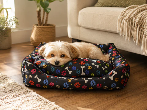 Cama Negra con Cojín Diseño Huellitas y Huesitos para Perro