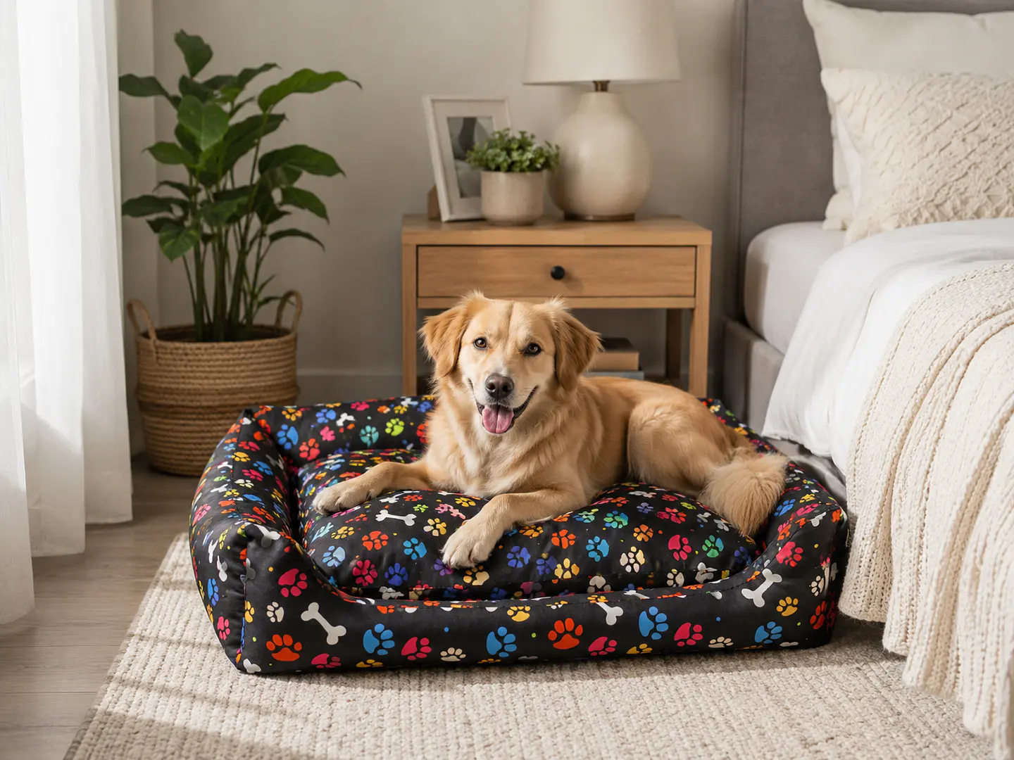 Cama Negra con Cojín Diseño Huellitas y Huesitos para Perro 3
