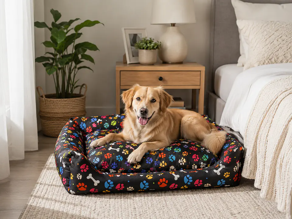 Cama Negra con Cojín Diseño Huellitas y Huesitos para Perro 3
