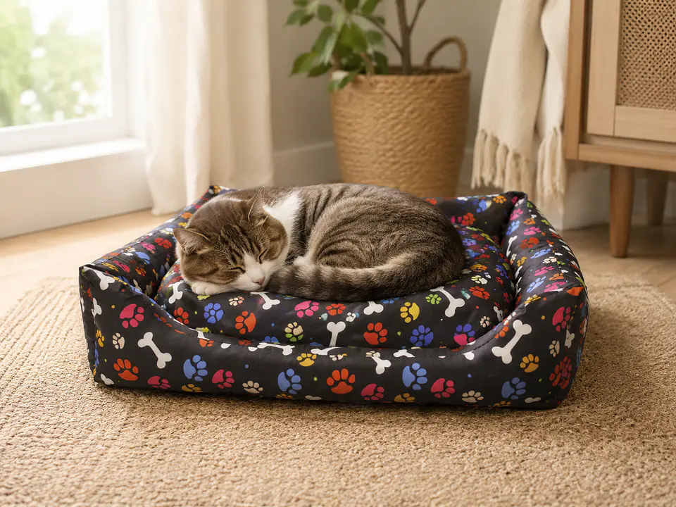 Cama Negra con Cojín Diseño Huellitas y Huesitos para Perro 4