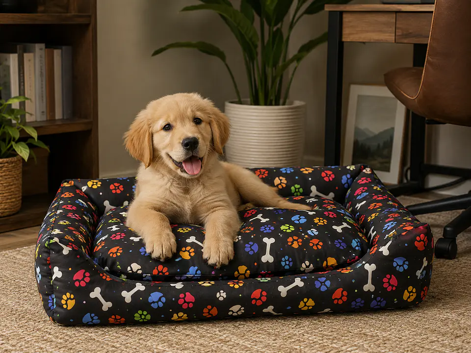 Cama Negra con Cojín Diseño Huellitas y Huesitos para Perro 1