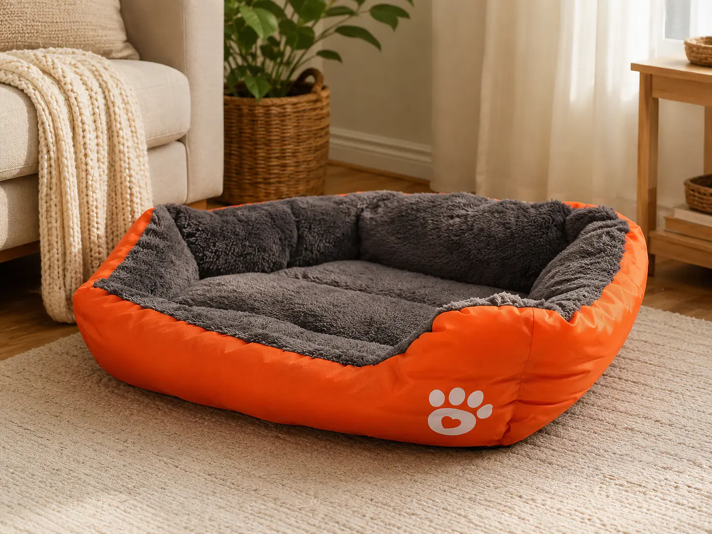 Cama Polar Naranja Grande con Interior Gris para Perro 2