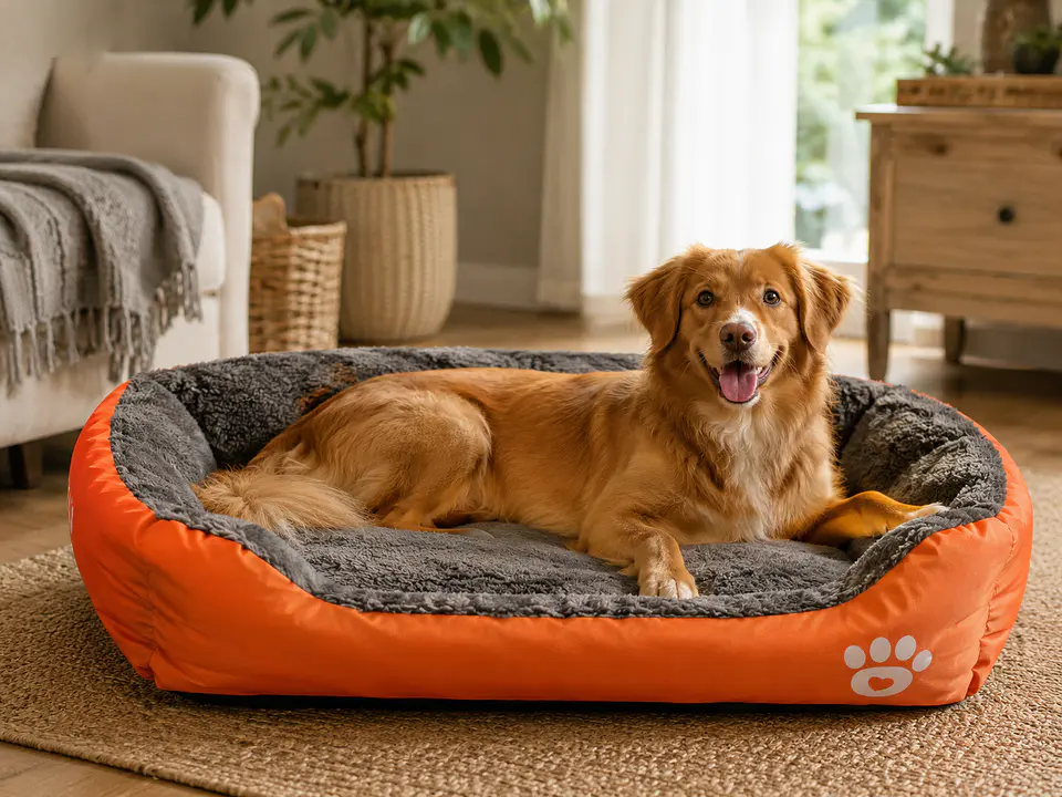 Cama Polar Naranja Grande con Interior Gris para Perro 4