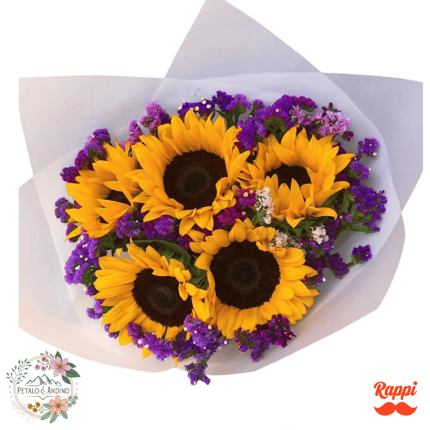 Bouquet 4 Girasoles con Limonium Violeta 1