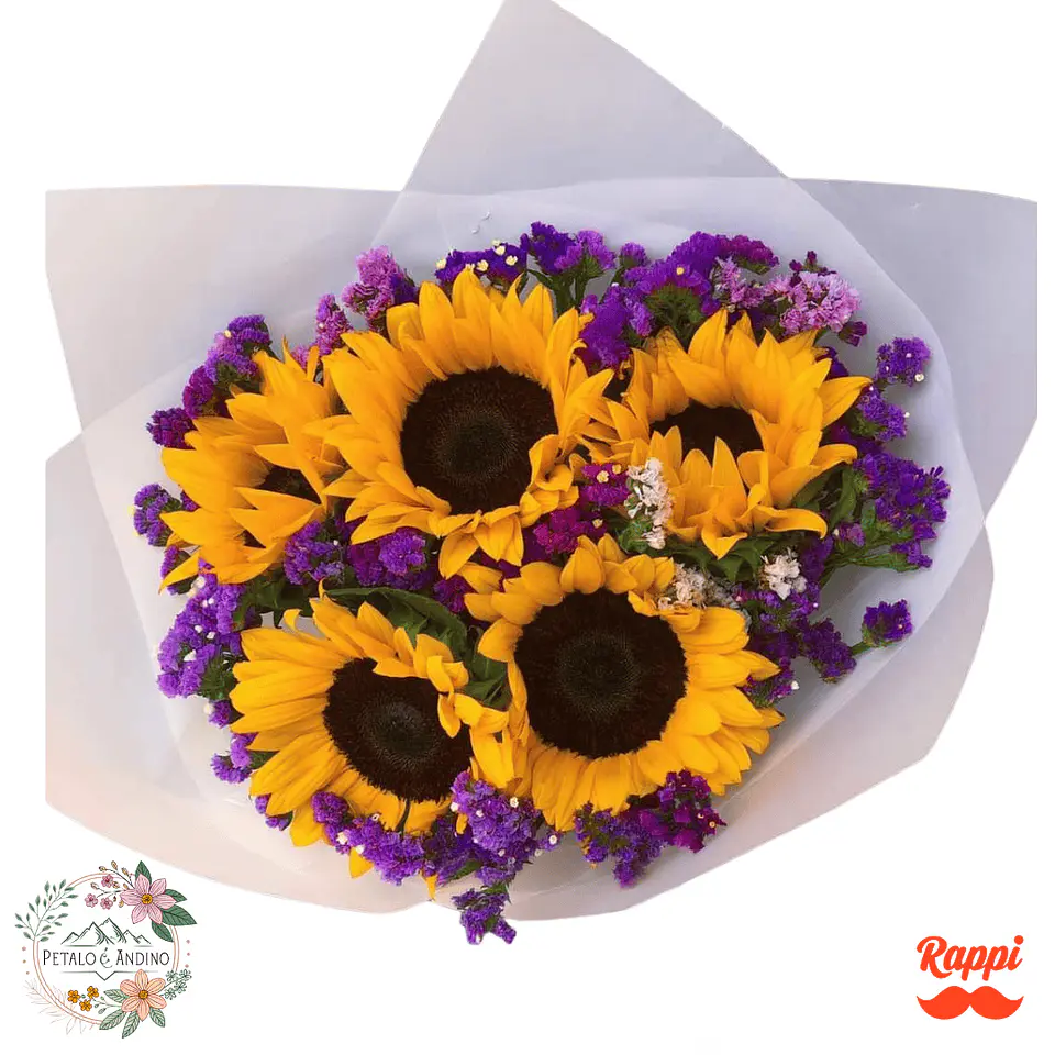 Bouquet 4 Girasoles con Limonium Violeta 1