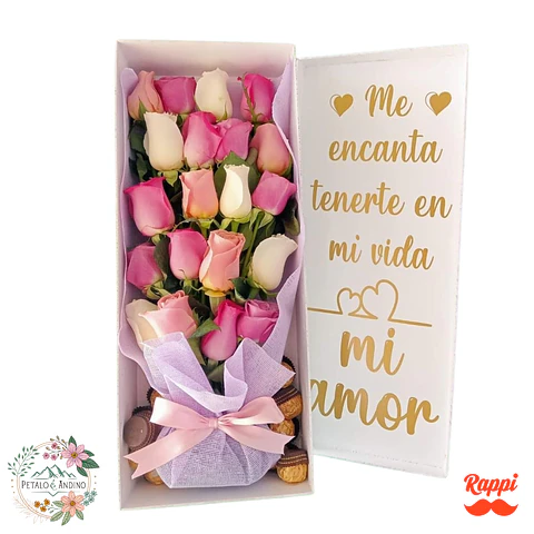 Rosas Rosadas y Blancas en Caja con Chocolates Mi Amor Bogotá
