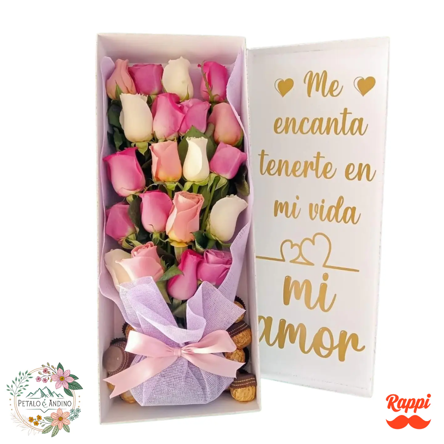Rosas Rosadas y Blancas en Caja con Chocolates Mi Amor Bogotá 1