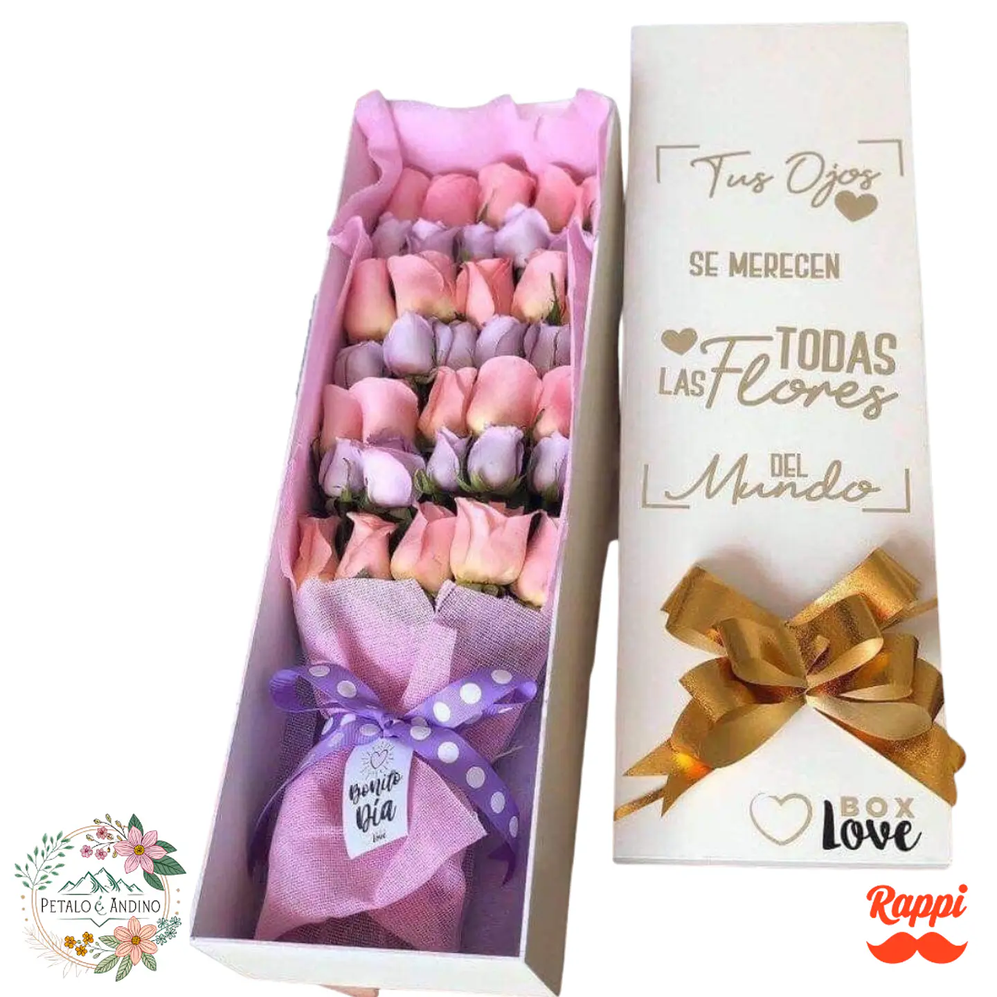 42 Rosas Rosadas y Lila en Caja Premium “Tus Ojos Merecen Todas las Flores de Bogotá” 1