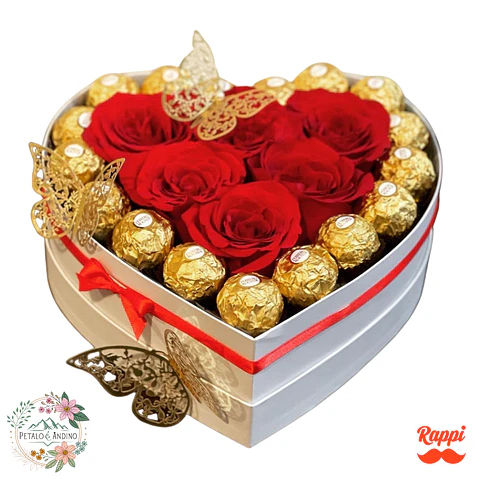 Rosas Rojas y Chocolates Ferrero en Caja Corazón – Dulce Detalle de Amor