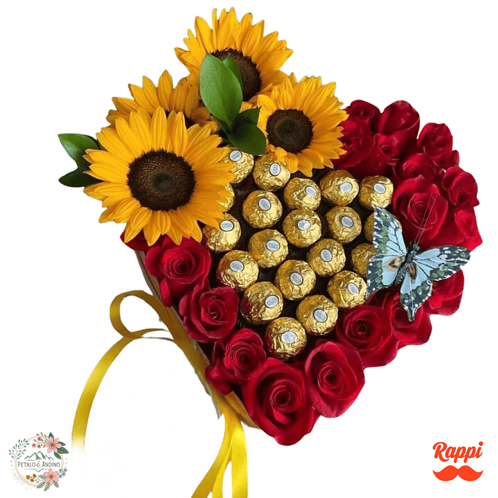 Girasoles, Rosas Rojas y Chocolates Ferrero en Caja Corazón – Dulce Amor Radiante 1