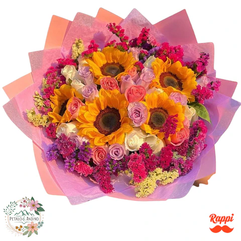 Bouquet de Girasoles y Rosas Pastel – Jardín Radiante de Colores