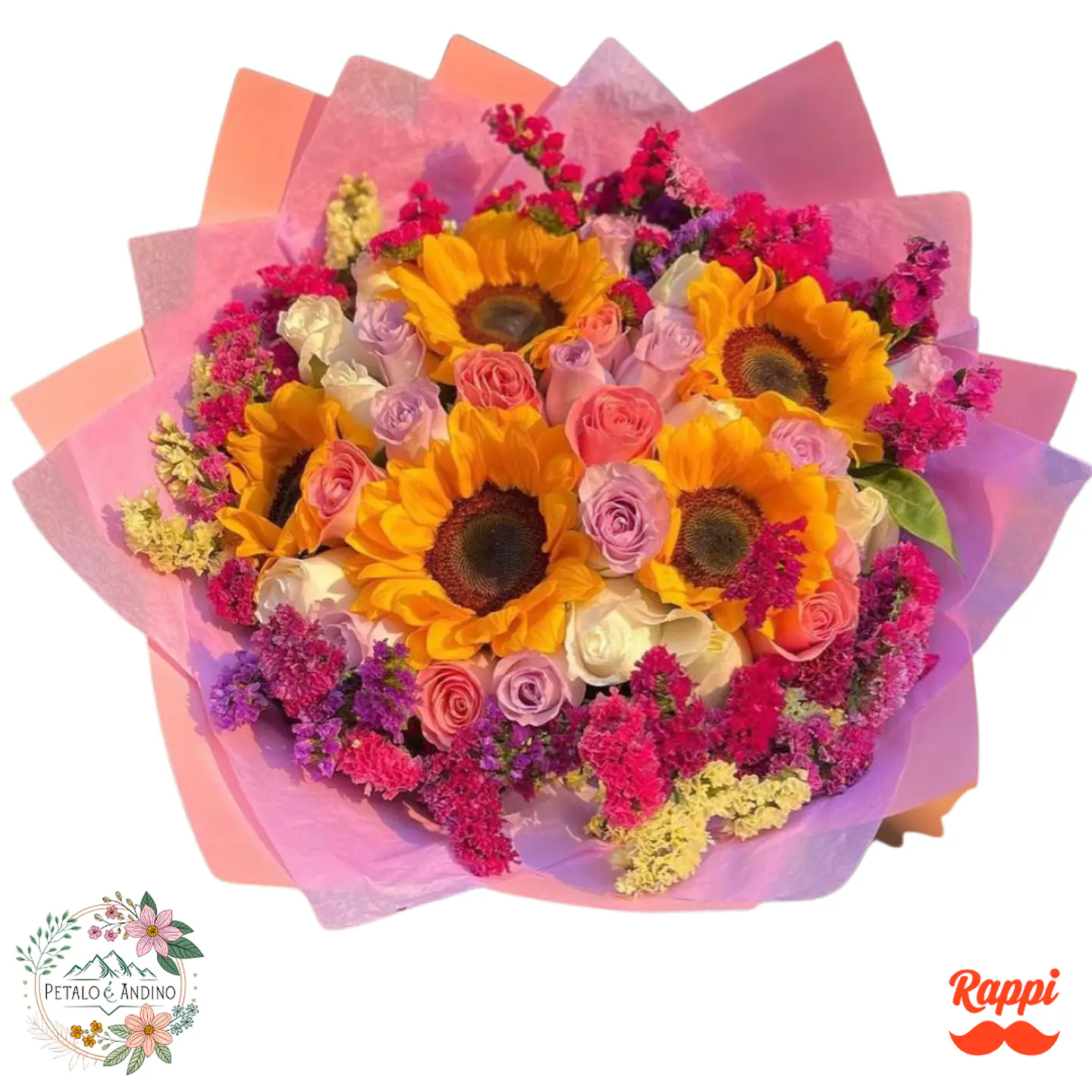 Bouquet de Girasoles y Rosas Pastel – Jardín Radiante de Colores 1