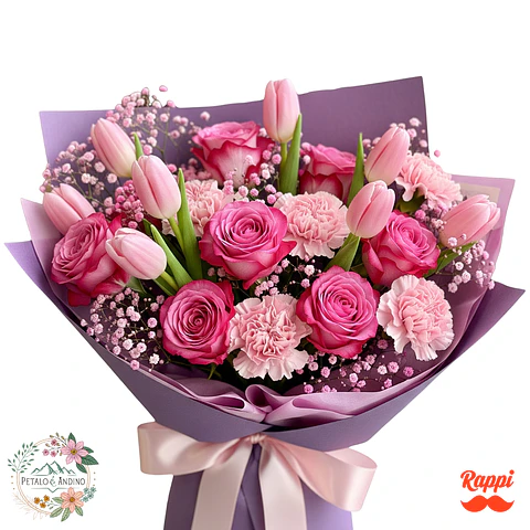 Tulipanes Rosados con Rosas y Claveles
