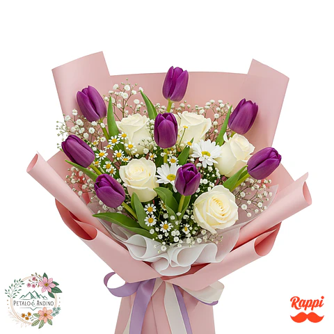 Tulipanes Morados con Rosas Blancas y Margaritas