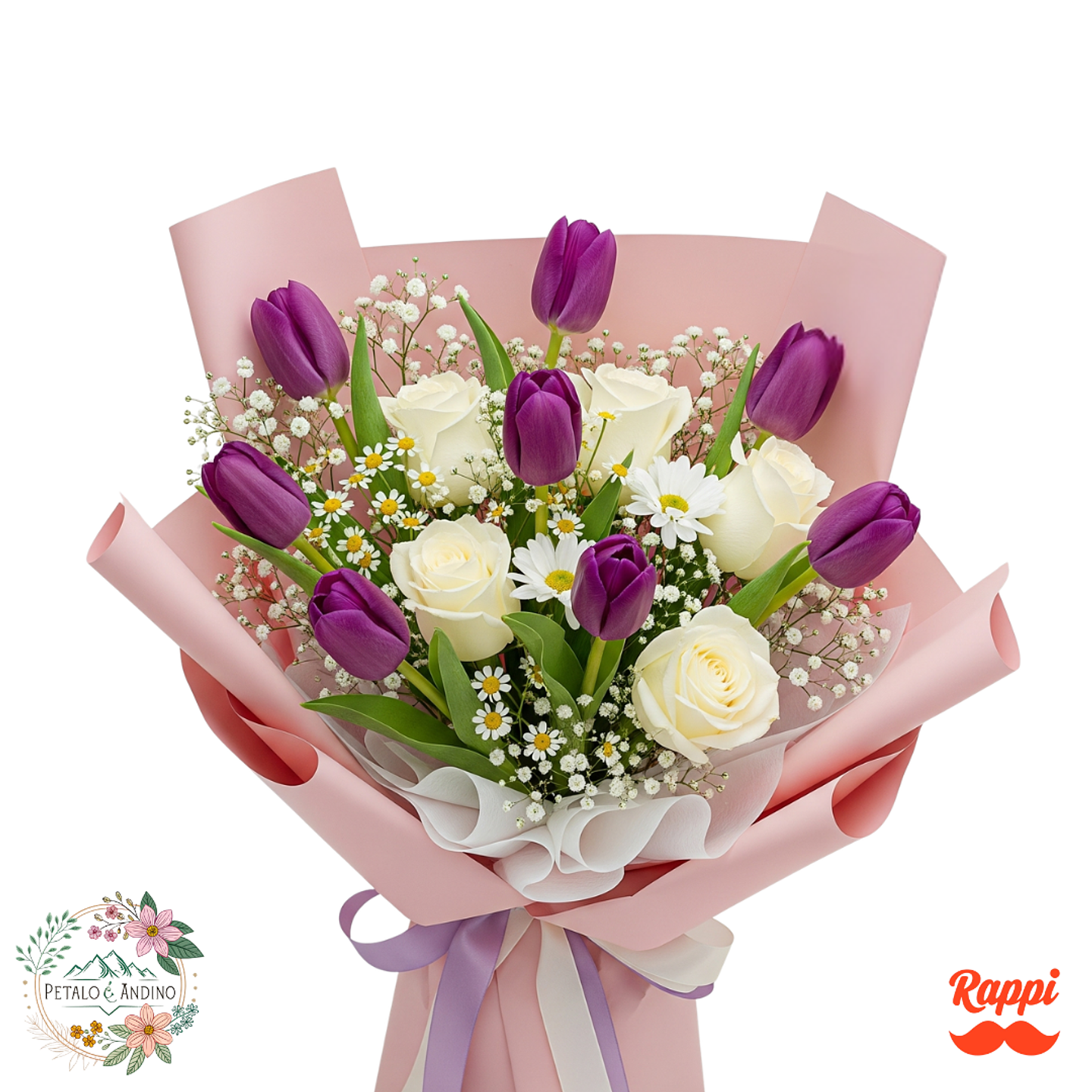 Tulipanes Morados con Rosas Blancas y Margaritas 1