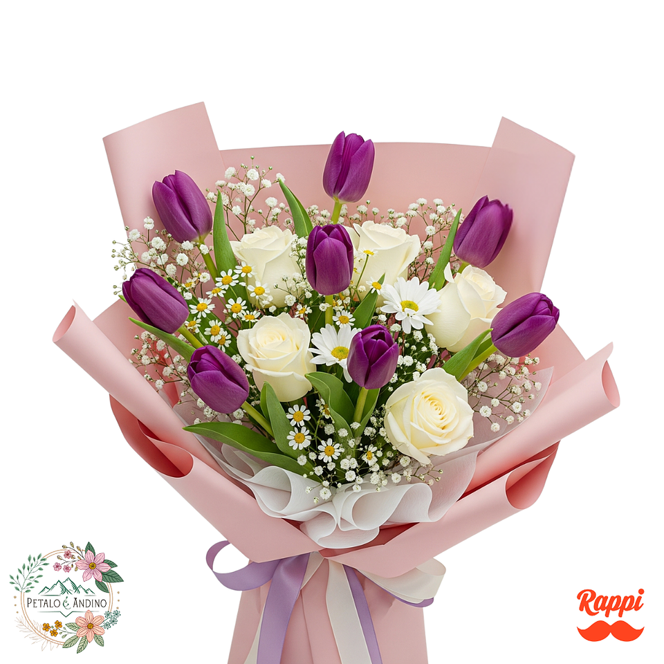 Tulipanes Morados con Rosas Blancas y Margaritas 1