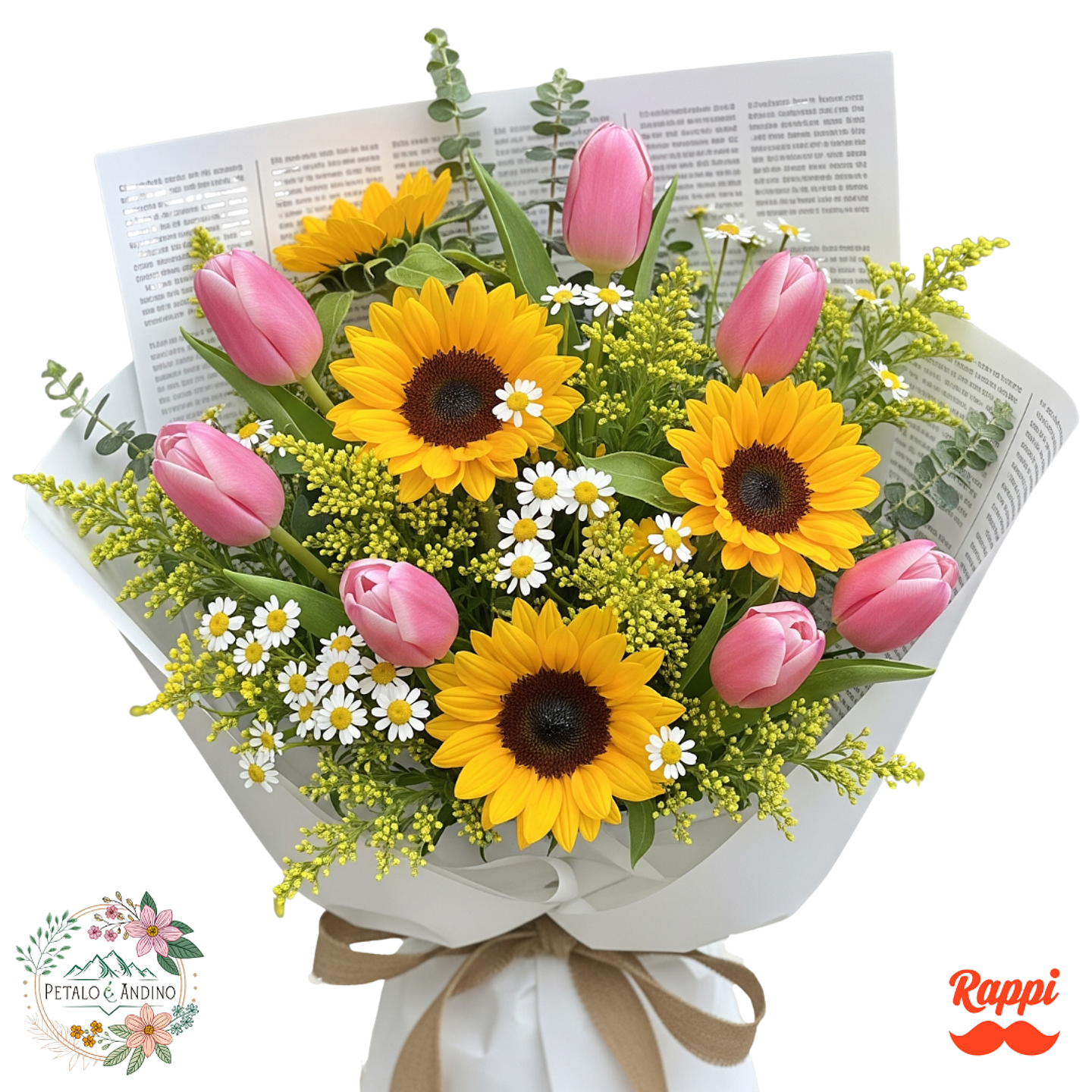 Tulipanes Rosados con Girasoles y Mazanilla 1