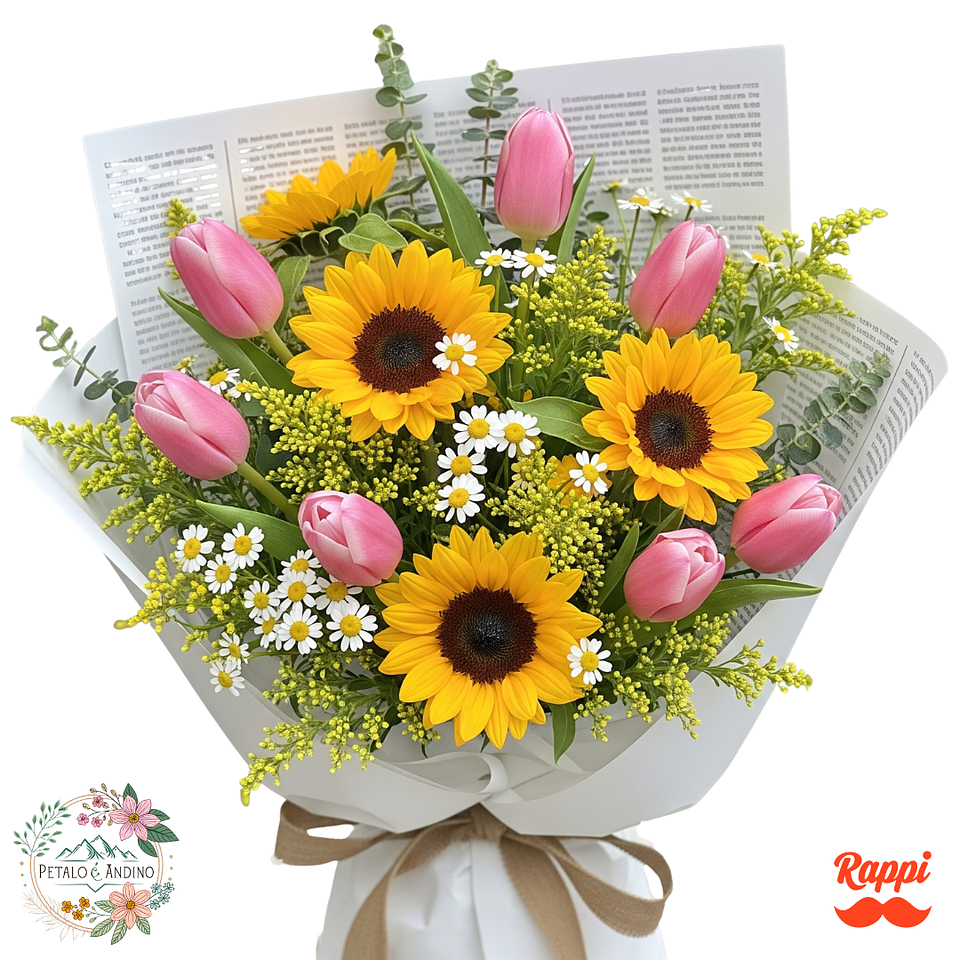 Tulipanes Rosados con Girasoles y Mazanilla 1