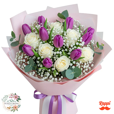 Tulipanes Morados con Rosas Blancas