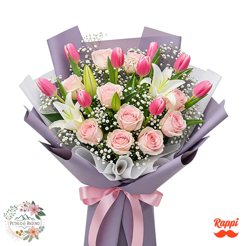 Tulipanes Rosados con Rosas y Lirios Blancos