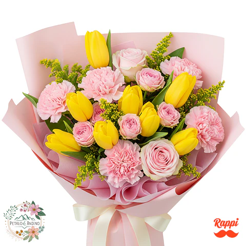 Tulipanes Amarillos con Rosas y Claveles Rosados