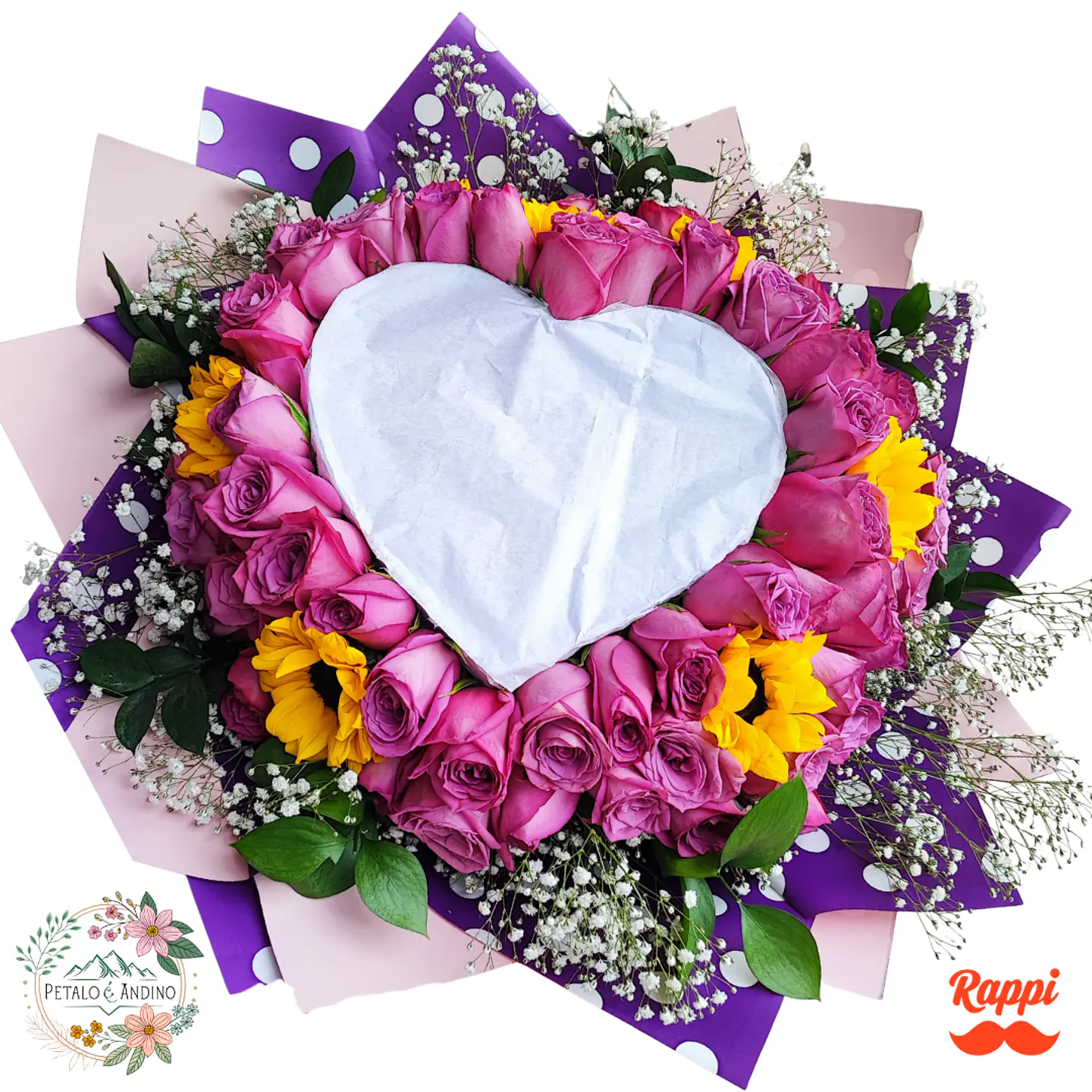 Corazón de Fuego con Rosas Lila y Girasoles – Un Detalle que Enamora 1