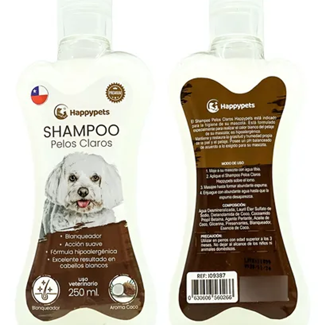 Shampoo Pelos Claros Para Perros 250ml Happypets Fragancia Coco 1