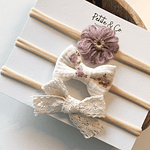 Trio Flor de Lã Violeta, Musselina com Flores e Renda Cru