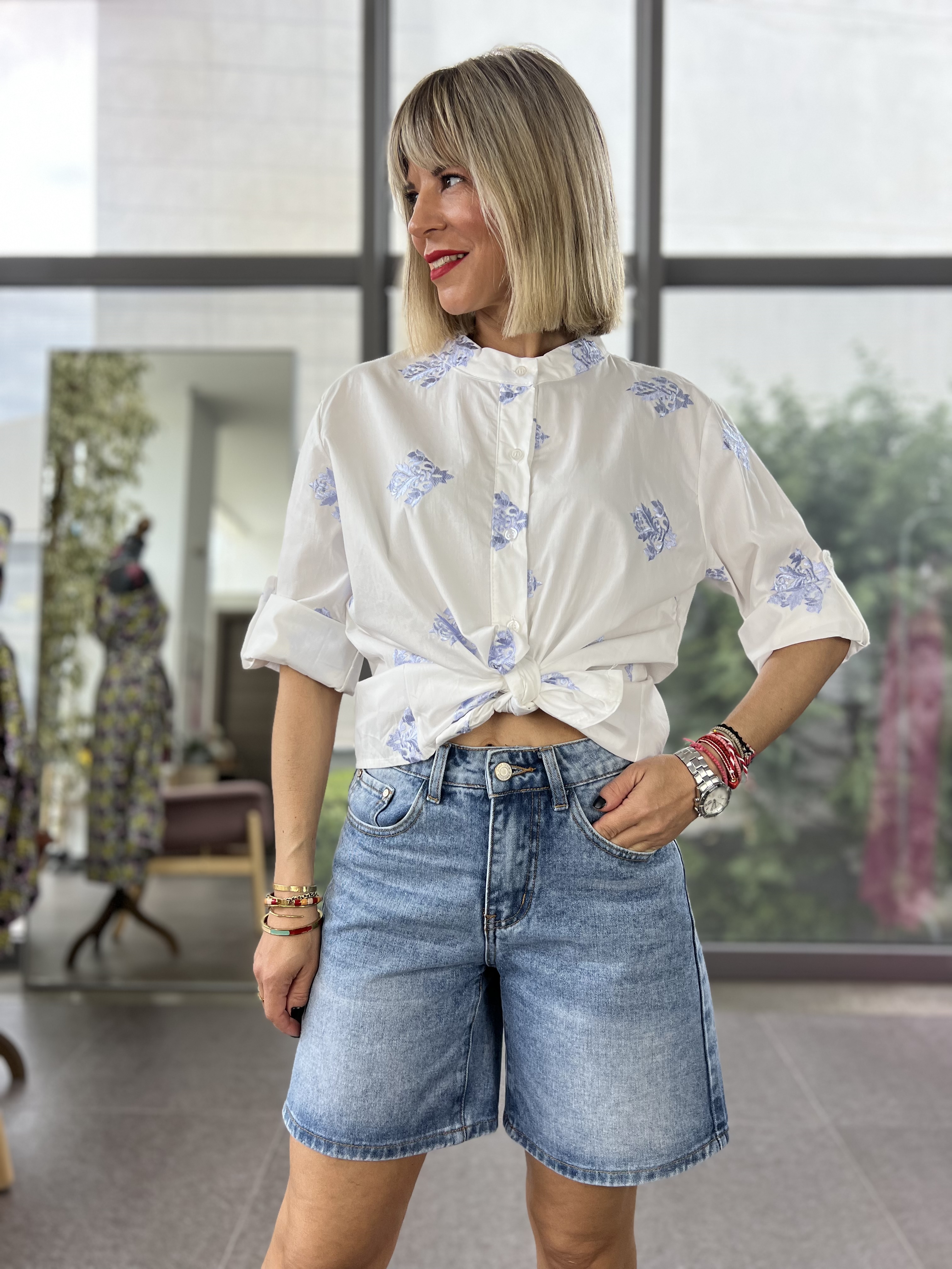 White Embroidered Sky Shirt