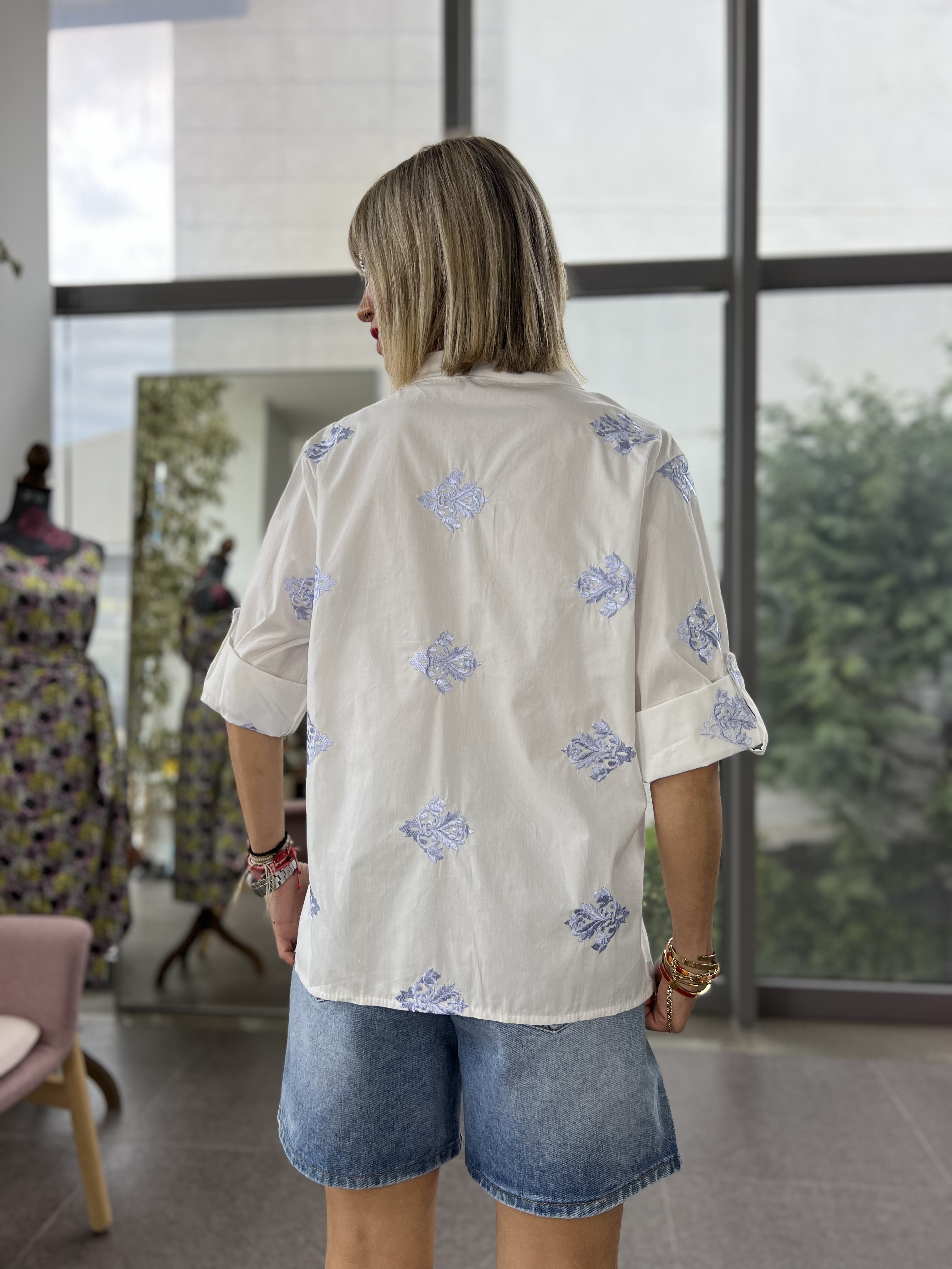 White Embroidered Sky Shirt