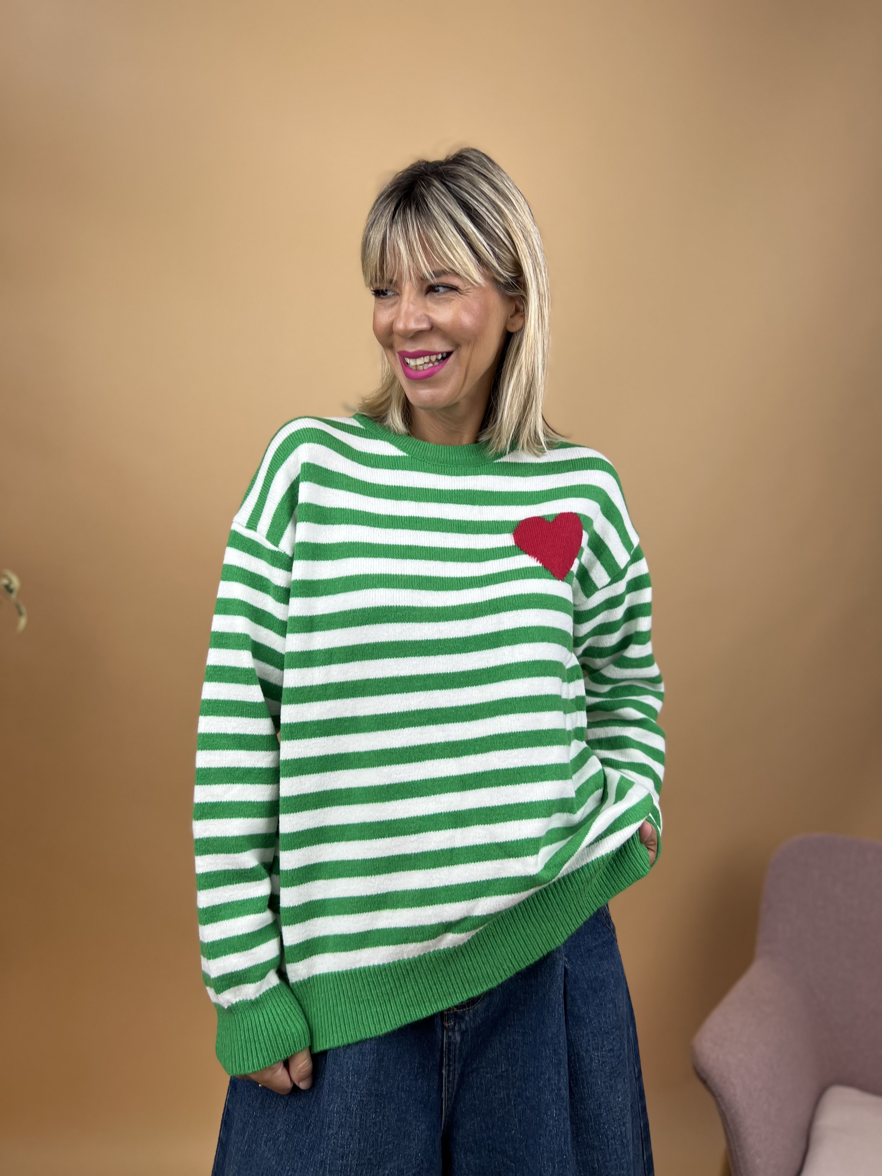 Stripped Heart Green Sweater 