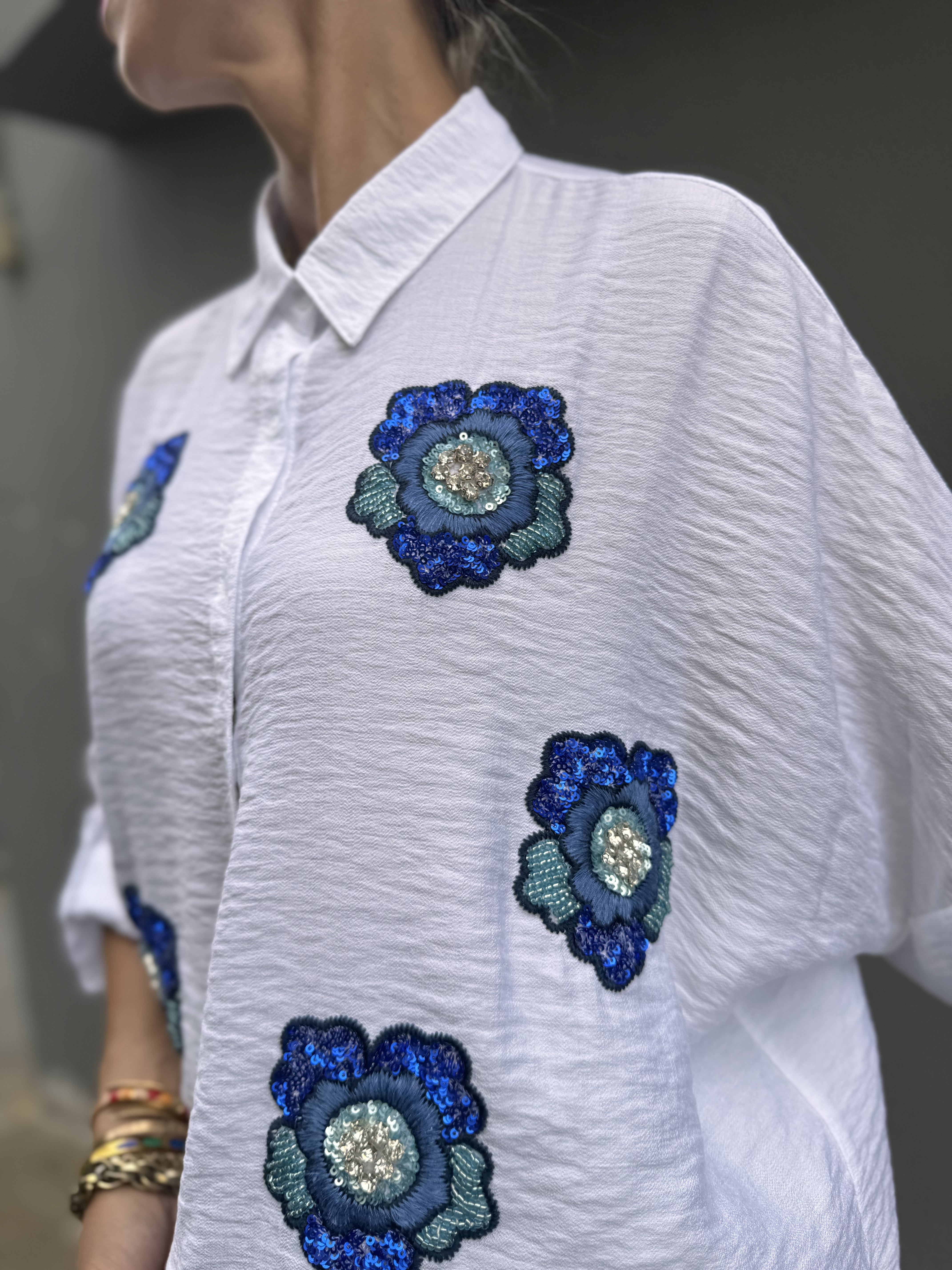 Blue Flower White Shirt