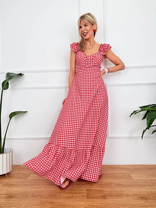 Onda Checkered Maxi Dress Red 6383