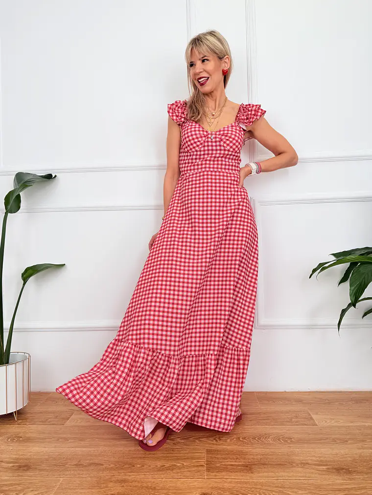 Onda Checkered Maxi Dress Red 6383 1