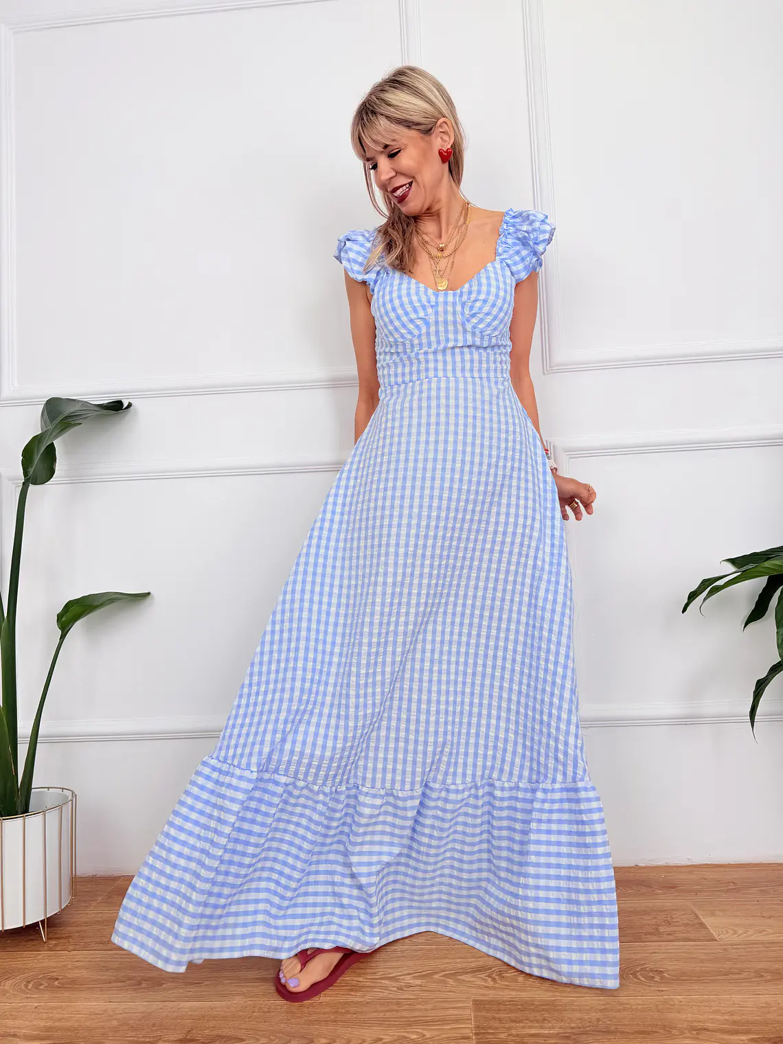 Onda Checkered Maxi Dress Blue 6383  1