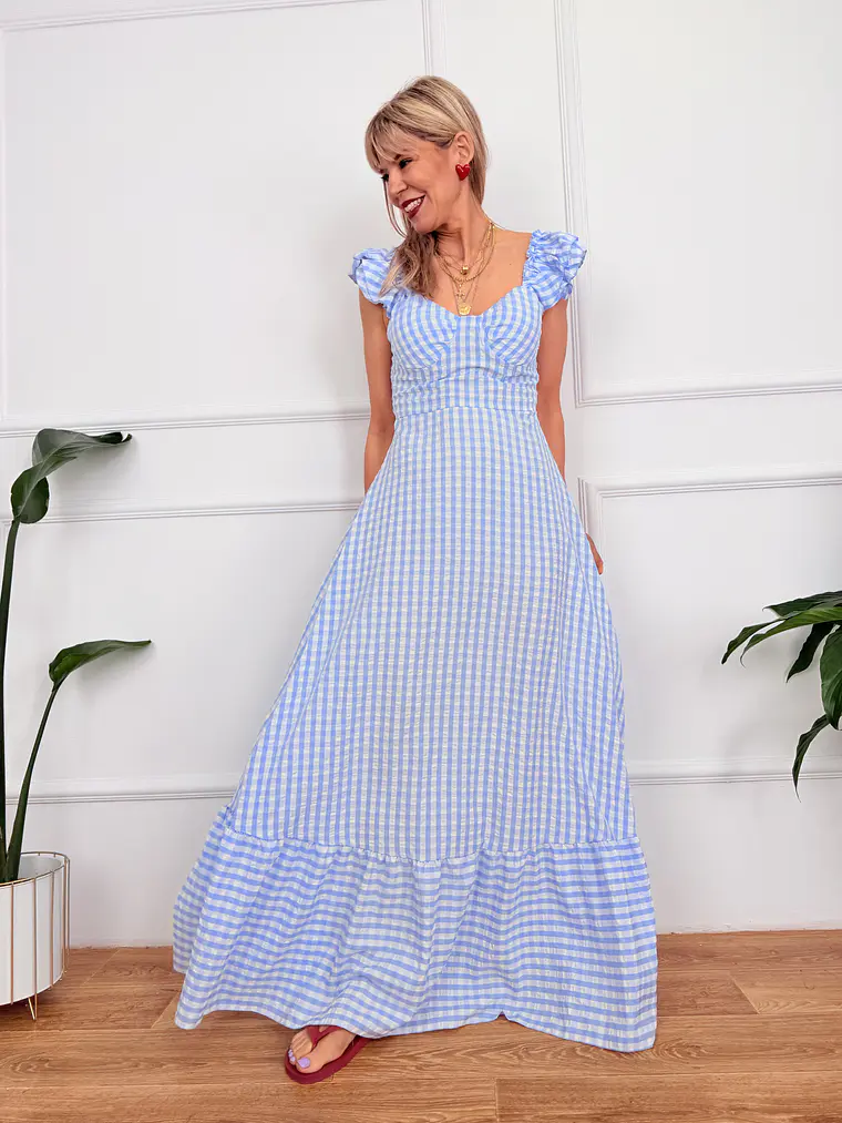 Onda Checkered Maxi Dress Blue 6383  2