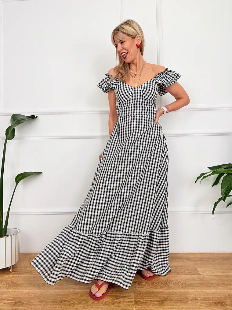 Onda Checkered Maxi Dress Black 6383 2