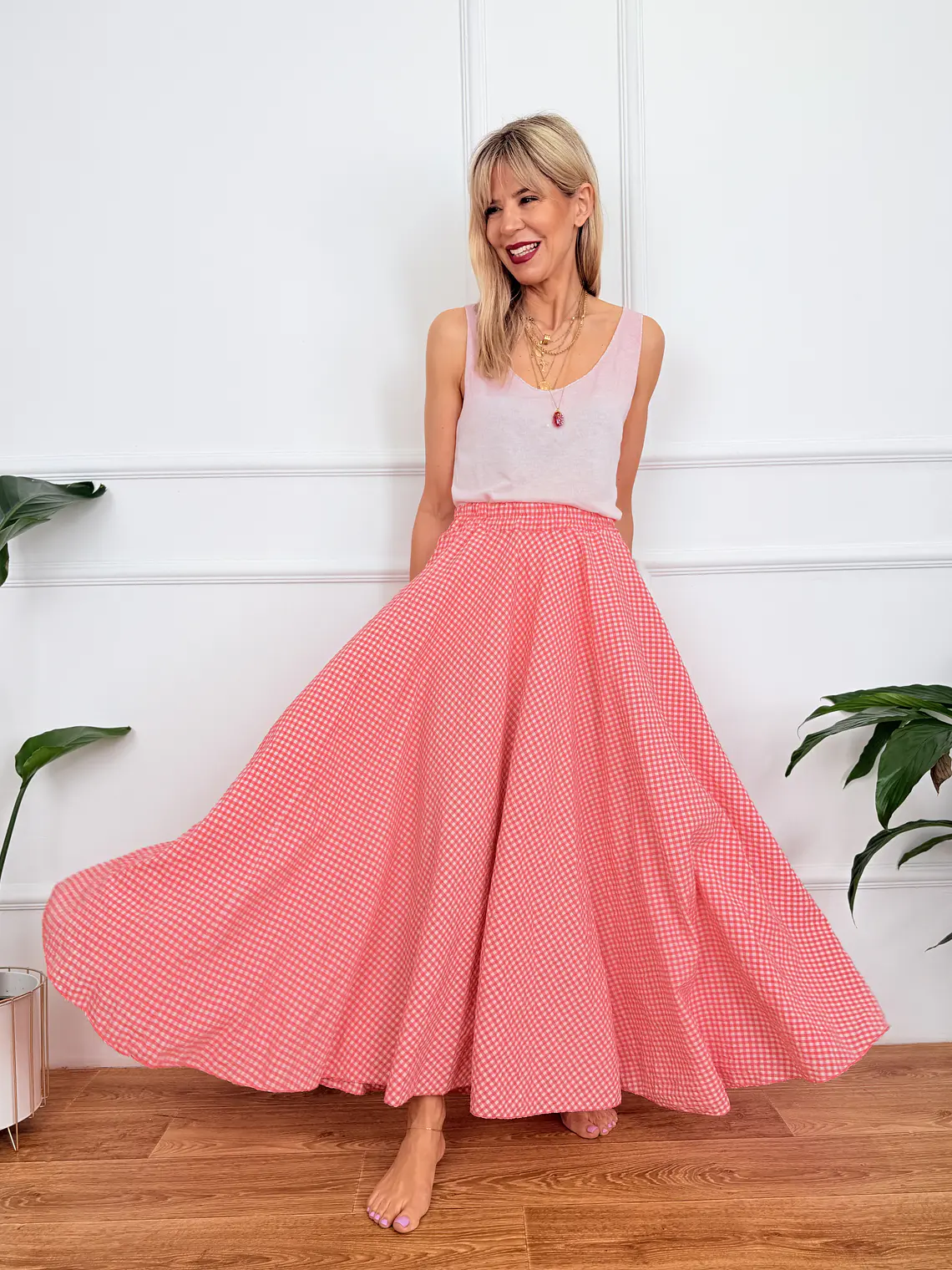 Roxana Checkered Skirt Salmon 836326    1