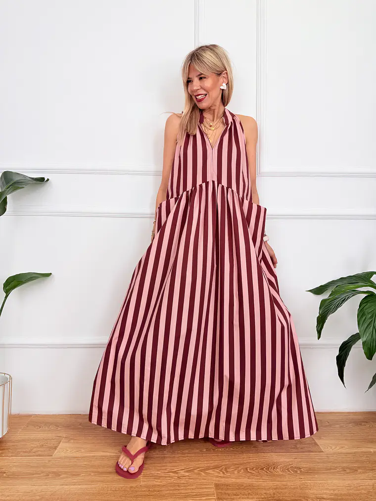 Rocio Stripped Dress Wine-Pink 5038  2