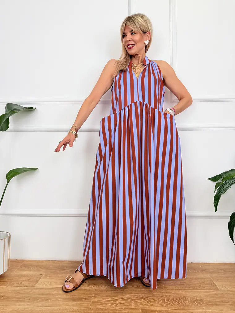 Rocio Stripped Dress Blue-Rust Orange 5038 1