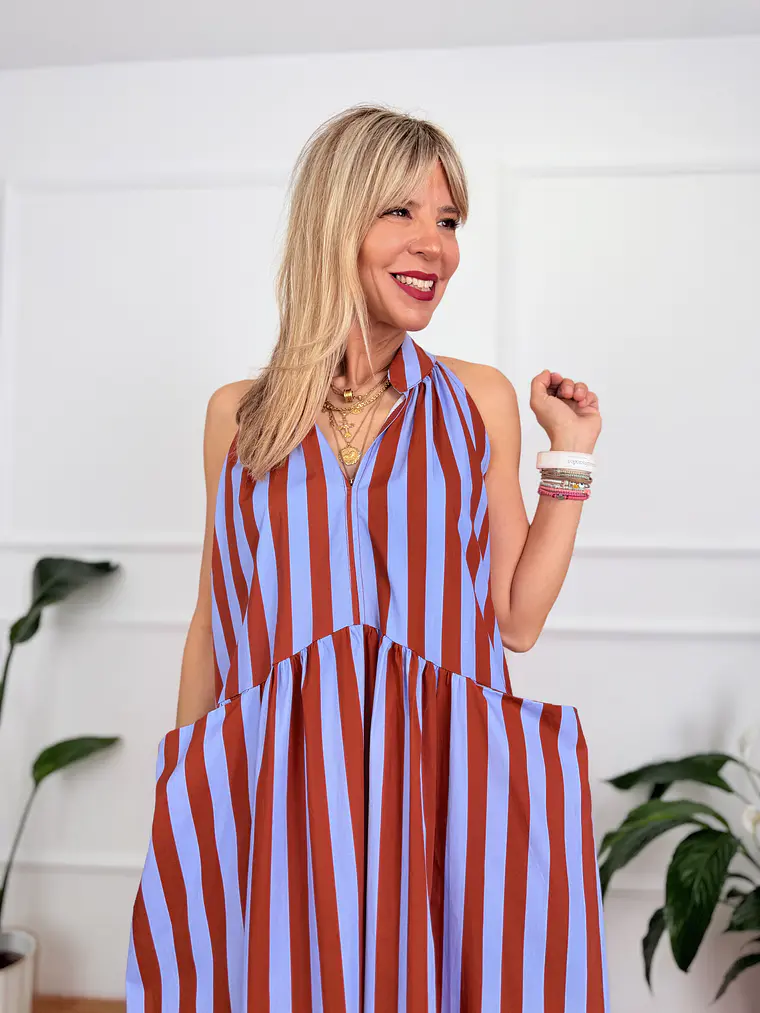 Rocio Stripped Dress Blue-Rust Orange 5038 4