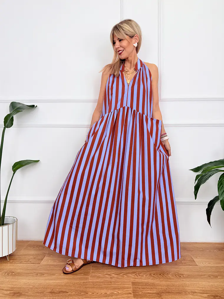 Rocio Stripped Dress Blue-Rust Orange 5038 2