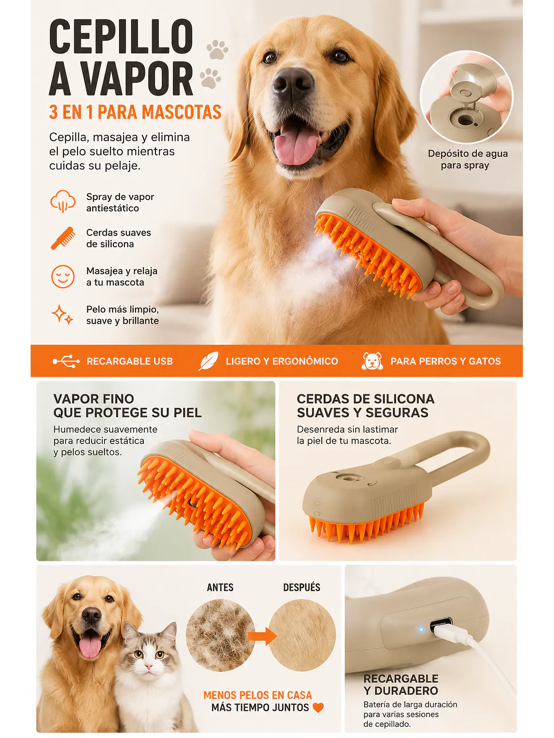 🐾 Cepillo a Vapor 3 en 1 para Mascotas 1