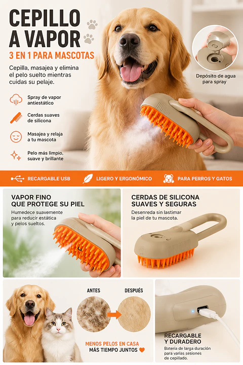 🐾 Cepillo a Vapor 3 en 1 para Mascotas