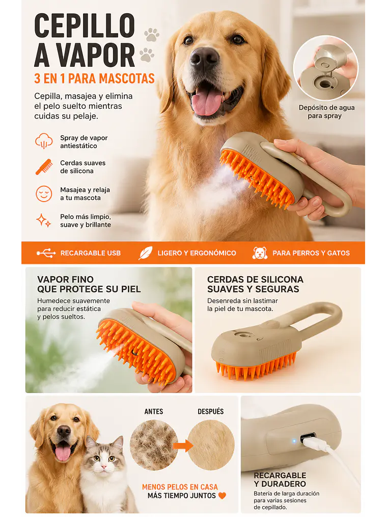 🐾 Cepillo a Vapor 3 en 1 para Mascotas 1