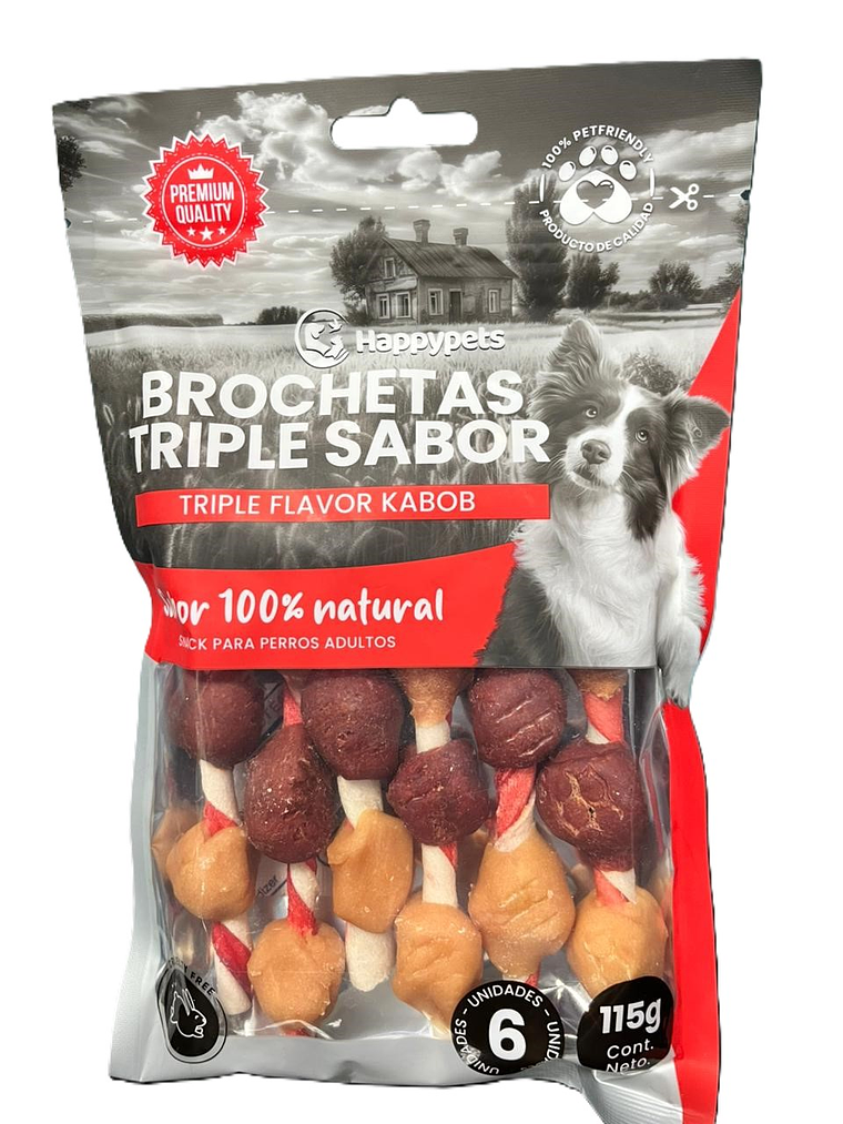 Happy Pets Snack Brochetas triple sabor vacuno, pato, pollo 1