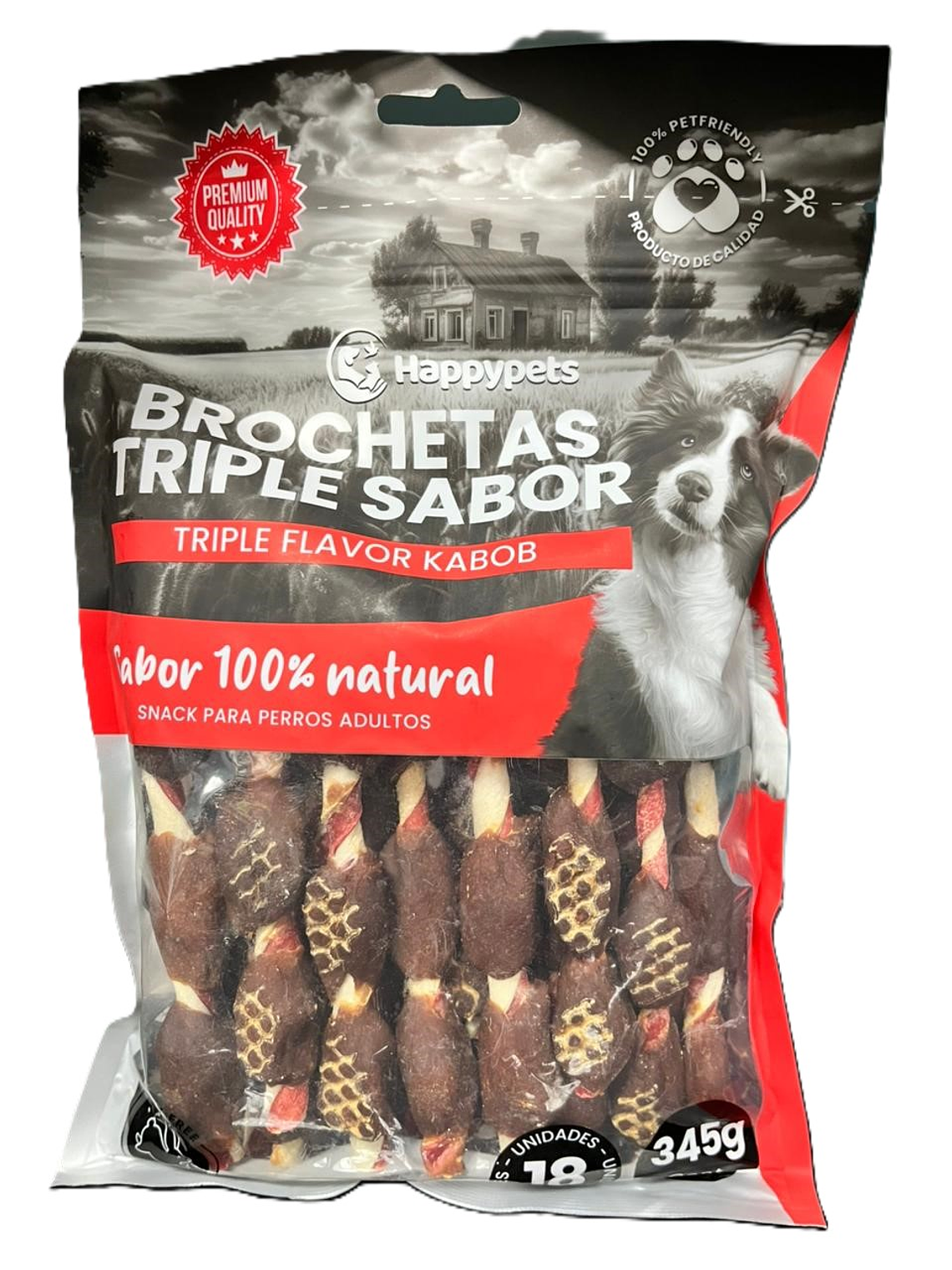 Happy Pets Snack Brochetas triple sabor vacuno, pato, pollov 1