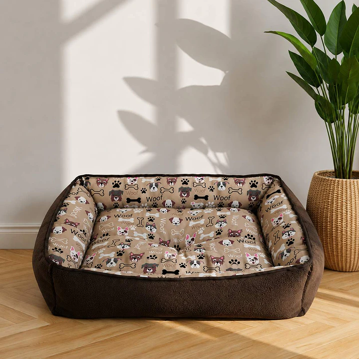 Cama Clásica Reversible Talla L – Diseño Perritos Café 1